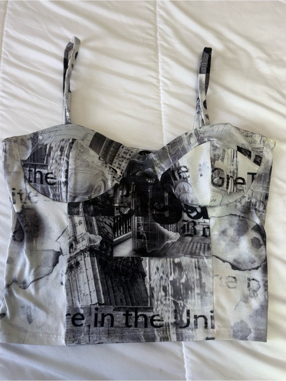 Gray Newspaper Print Bustier Tank Top